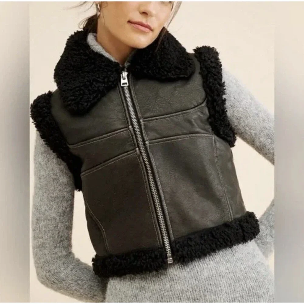 BDG /Urban Outfitters Donald Faux Leather Sherpa Moto Vest NWOT Size S-P Black